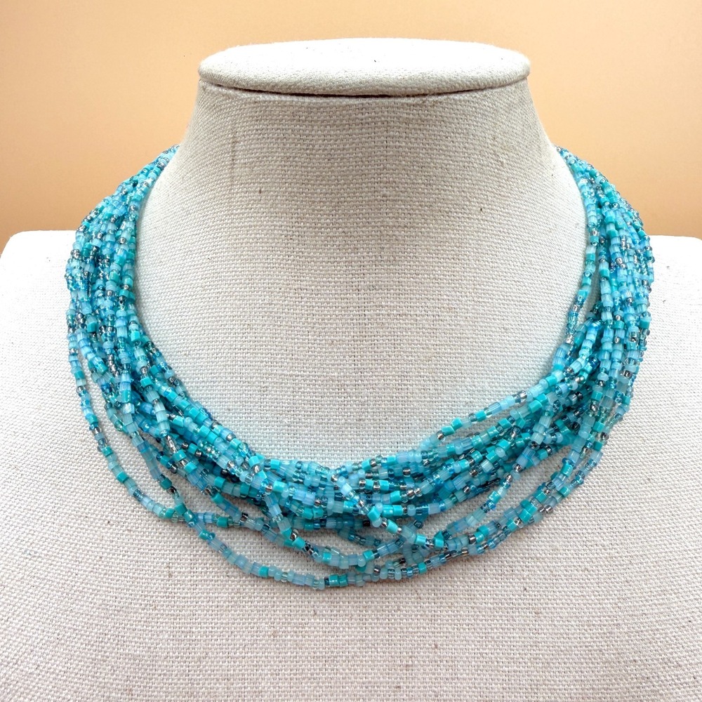 Turquoise & Silver Tone Aqua Multi Strand Seed Bead Necklace Boho Statement Gift